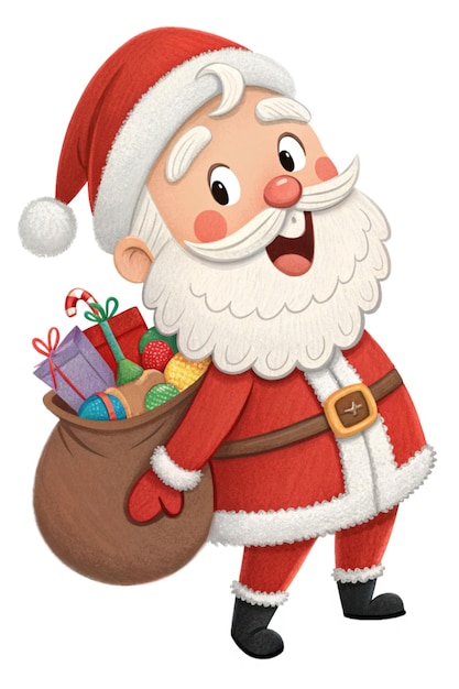a santa character with a bag of gifts