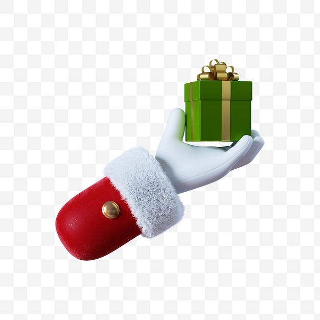 Santa Claus cartoon hand holds the green gift box with golden ribbon