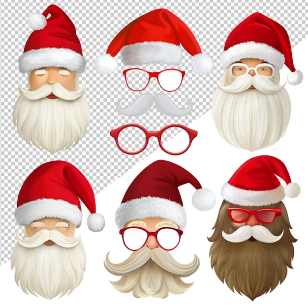 PSD santa claus character with hats mask moustache and beards set on transparent background