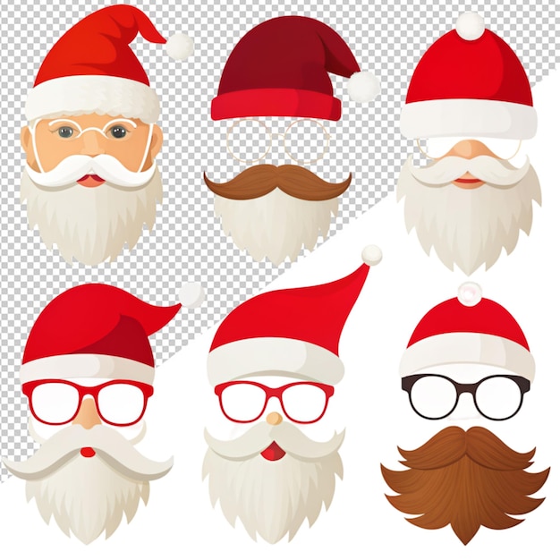 PSD santa claus character with hats mask moustache and beards set on transparent background