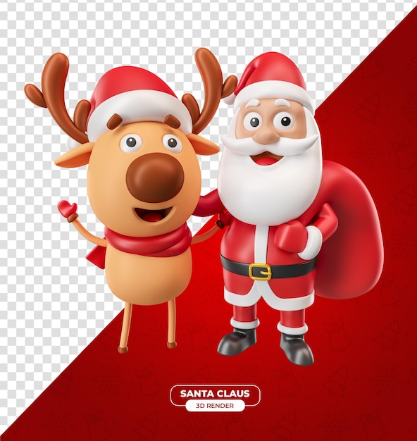 Santa claus character with reindeer in cartoon 3d render with transparent background