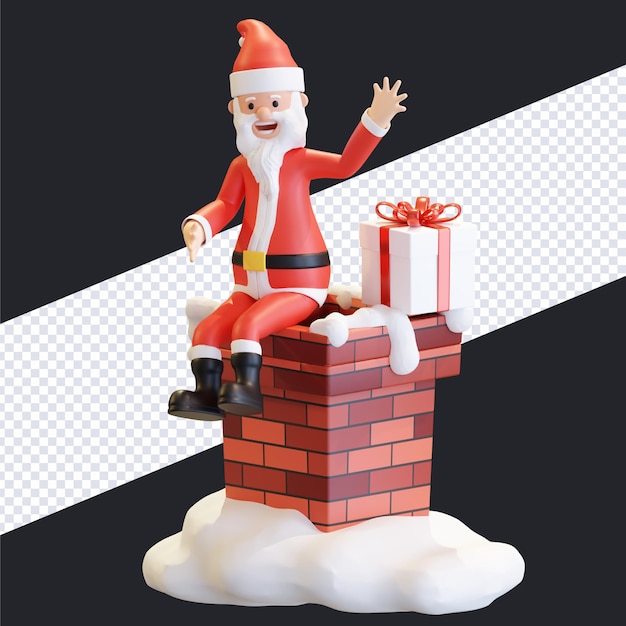 PSD santa claus coming out of chimney with gift box christmas 3d render illustration