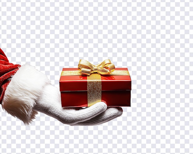 サンタクロースの手はクリスマスのコンセプトのために孤立した白い背景に赤いギフトボックスを握っています