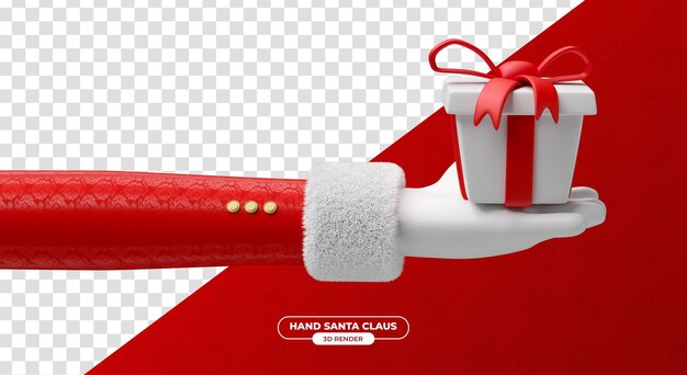 Santa claus hands with gift box in 3d render cartoon with transparent background