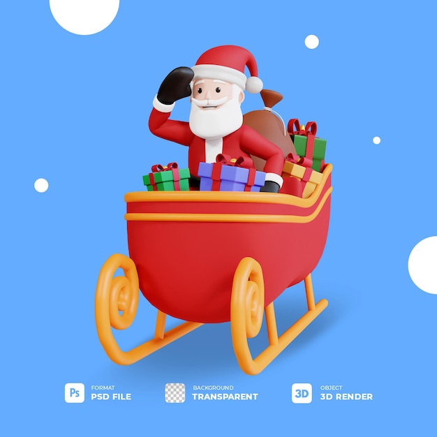 Santa claus mascot 3d character bringing christmas gift box on sledge