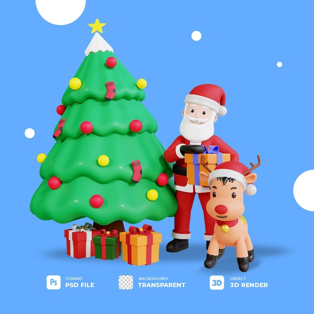 Santa claus mascot 3d character holding christmas gift box with reindeer