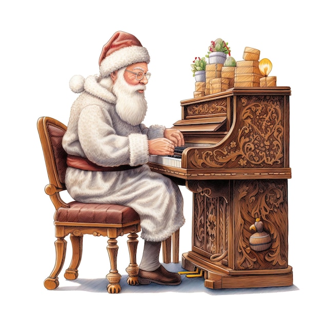 PSD santa claus piano spelen geïsoleerd op witte achtergrond kerstmuziek