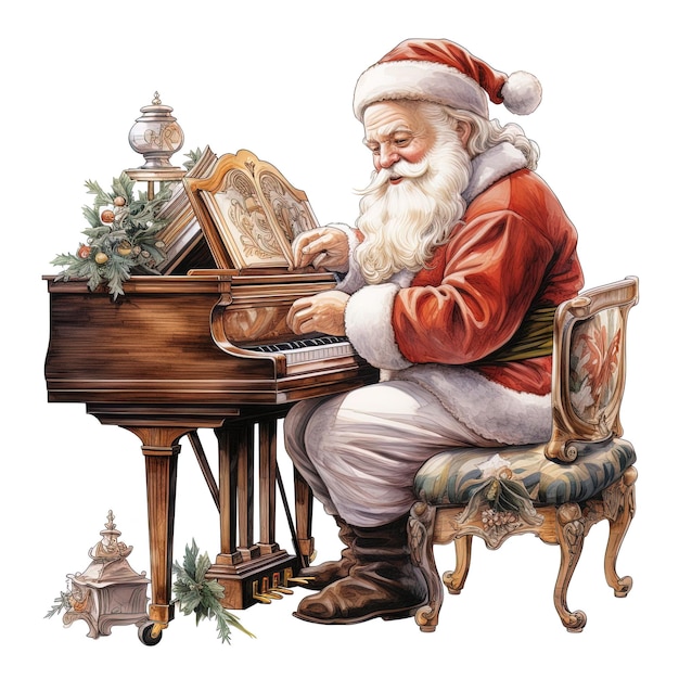 Санта-клаус играет на пианино на белом фоне. рождественская музыка.
