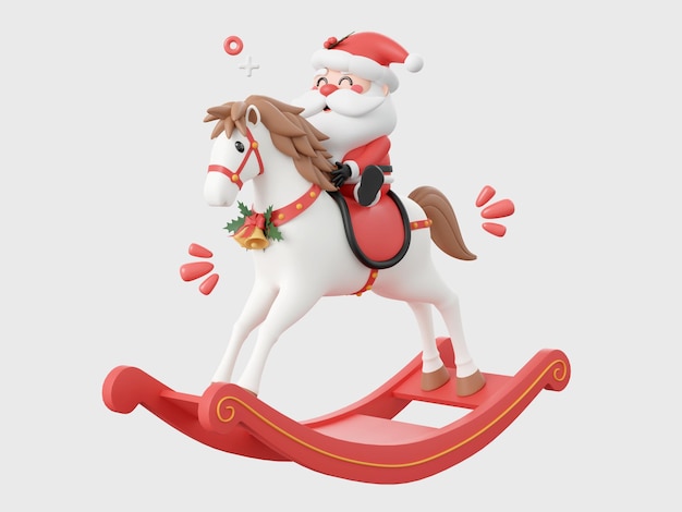 Санта-Клаус верхом на лошадке-качалке элементы рождественской темы 3d иллюстрация