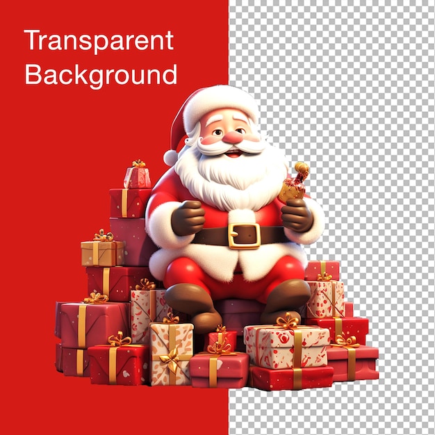 Santa Claus sitting on gift boxes transparent background