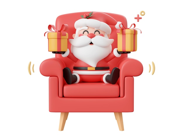 サンタ クロースがソファに座ってクリスマス プレゼントを保持しています。クリスマス テーマ要素 3 d イラスト