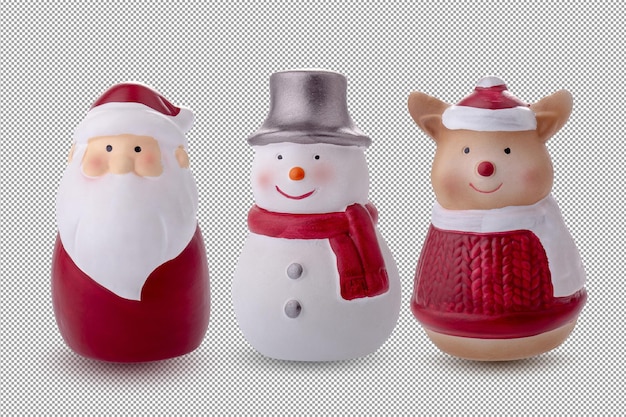 PSD babbo natale pupazzo di neve e orsacchiotto figurine isolate su sfondo alfa