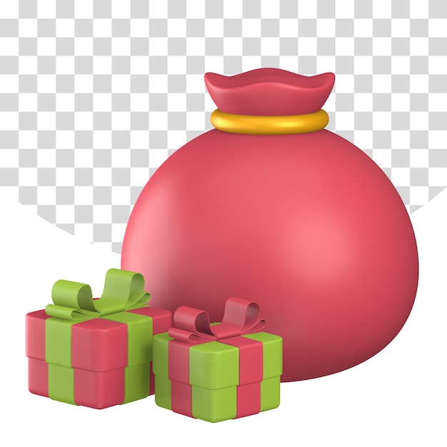 PSD render borsa rossa con scatola regalo di babbo natale illustrazione 3d decorazione di ornamento di natale