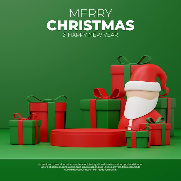 Santa figuur en geschenkdoos 3d-rendering sjabloon mockup kerst rode cilinder podium in vierkant