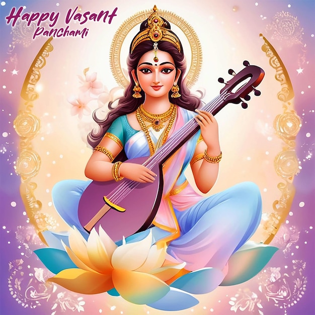 Sarasvati for happy vasant panchami puja of banner illustration design