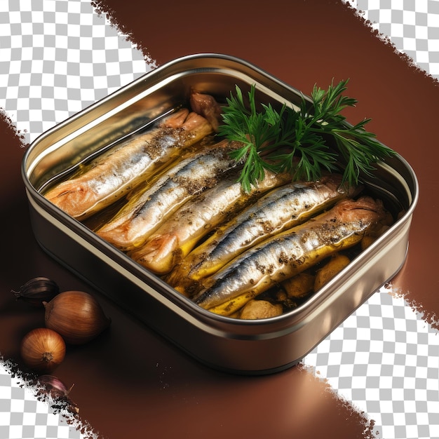 Сардина в консерве с оливковым маслом и черным перцем на прозрачном фоне
