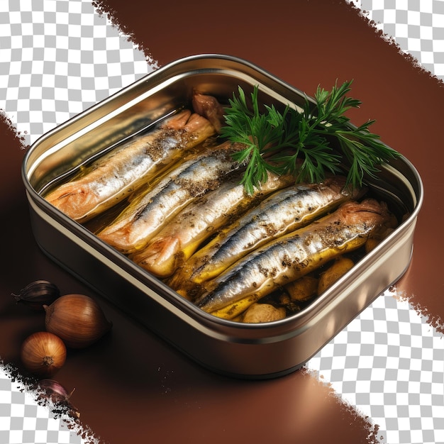 PSD sardine canned with olive oil and black pepper isolated on a transparent background