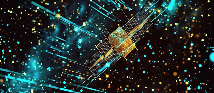 PSD a satellite orbiting through a cosmic web of light trails and twinkling stars
