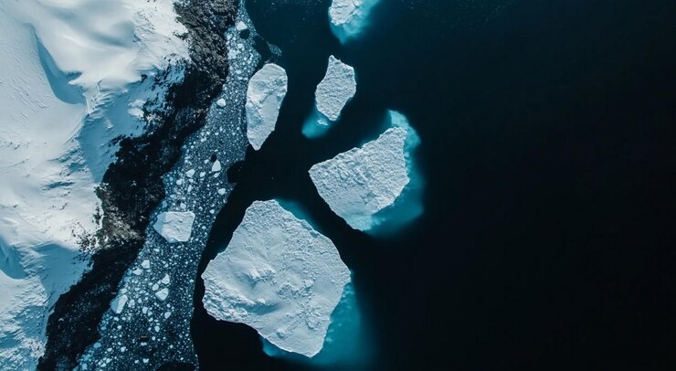 PSD 左側に白いスペースと下の濃い青い水がある氷棚の衛星画像