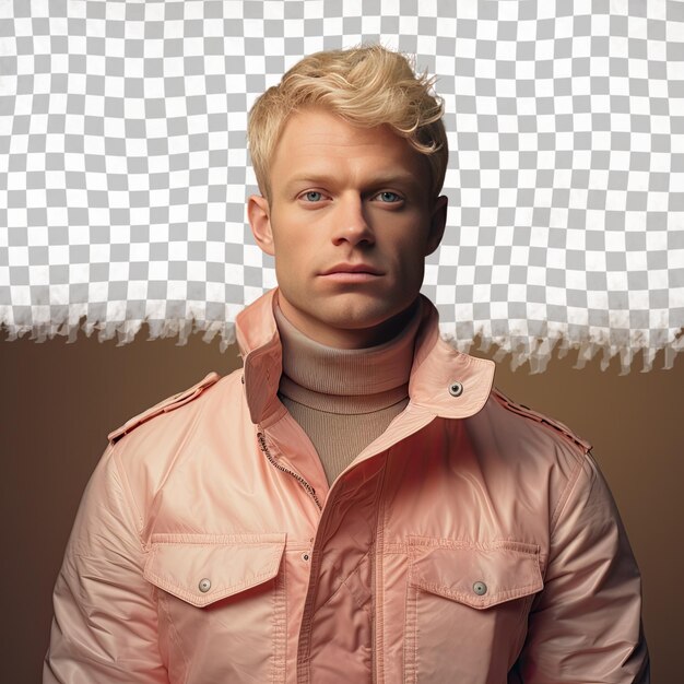 PSD a satisfied adult man with blonde hair from the uralic ethnicity dressed in traveling to new places attire poses in a holding collar of jacket style against a pastel peach background