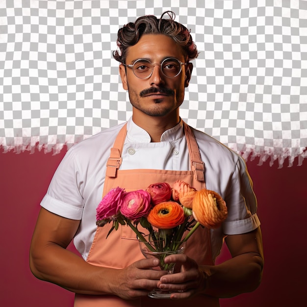 PSD a satisfied adult man with short hair from the middle eastern ethnicity dressed in cooking gourmet dishes attire poses in a eyes looking over glasses style against a pastel rose background