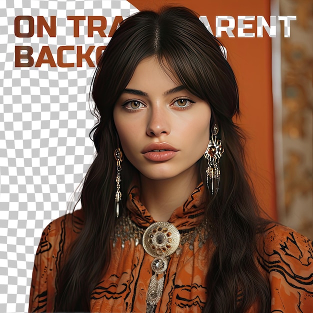 A satisfied adult woman with long hair from the slavic ethnicity dressed in making jewelry attire poses in a close up of eyes style against a pastel tangerine background