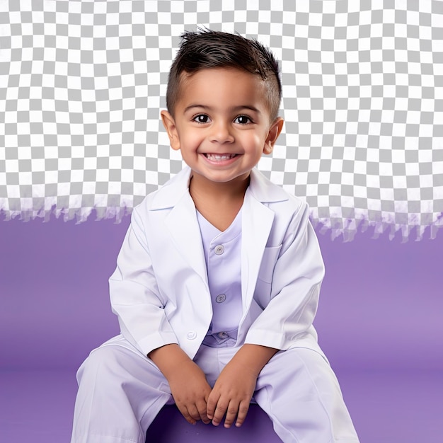 PSD a satisfied child boy with short hair from the middle eastern ethnicity dressed in registered nurse rn attire poses in a seated with one hand raised style against a pastel lavender backgroun