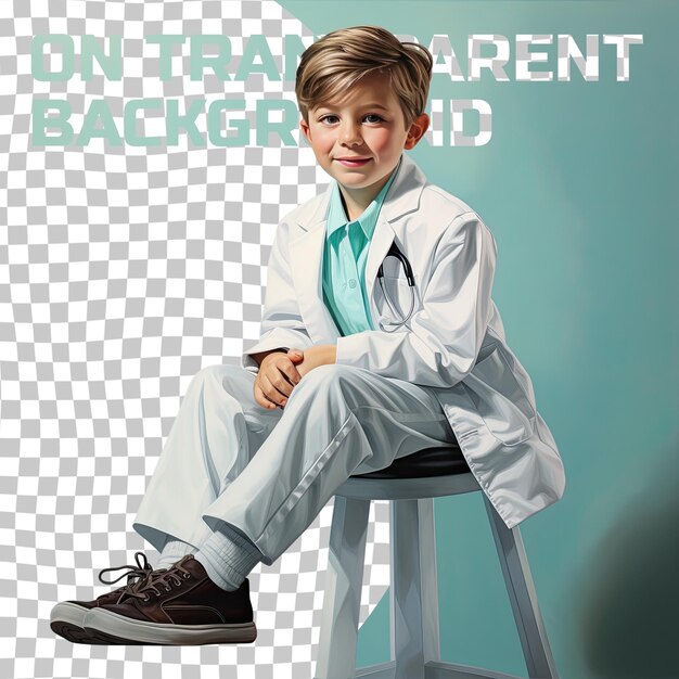 PSD a satisfied child boy with short hair from the scandinavian ethnicity dressed in obstetrician gynecologist attire poses in a sitting with one leg bent style against a pastel mint background