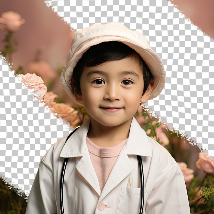 PSD 穿著兒科醫生服裝的東南亞族群短髮的滿足的孩子男孩,在pastel rose背景下以帽子式的目光穿過一個道具
