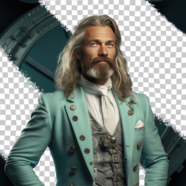 PSD a satisfied middle aged man with long hair from the nordic ethnicity dressed in mechanical engineer attire poses in a dramatic look upwards style against a pastel mint background