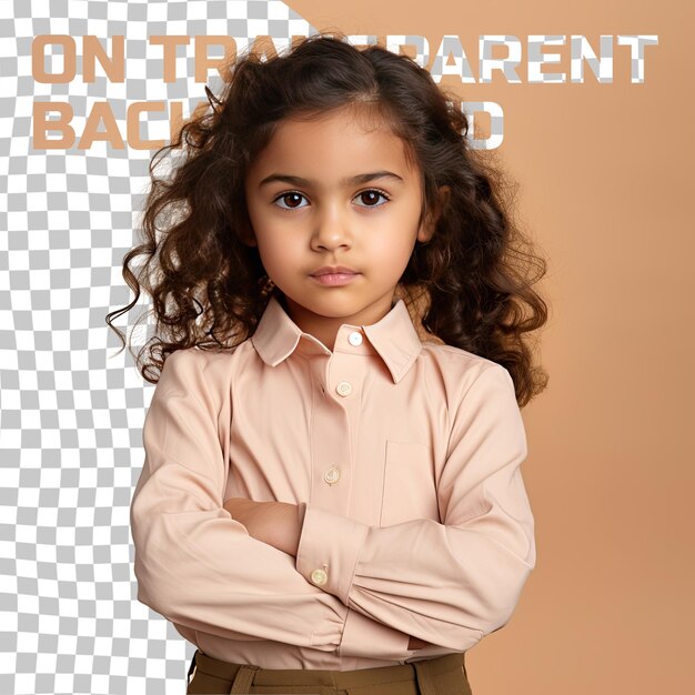 A satisfied preschooler girl with wavy hair from the west asian ethnicity dressed in producer attire poses in a serious stance with folded arms style against a pastel cream background