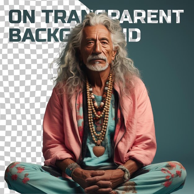 PSD a satisfied senior man with wavy hair from the south asian ethnicity dressed in making jewelry attire poses in a sitting cross legged on the floor style against a pastel turquoise backgroun