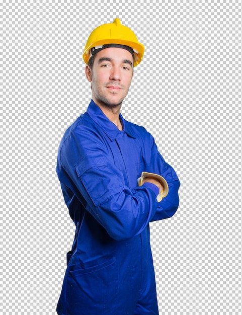 PSD satisfied workman on white background