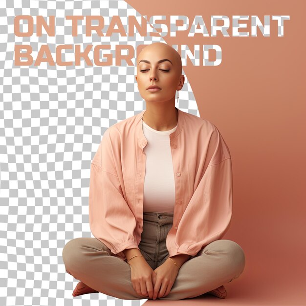 PSD a satisfied young adult woman with bald hair from the middle eastern ethnicity dressed in anthropologist attire poses in a leaning forward with elbows on knees style against a pastel coral