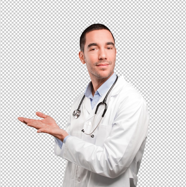 PSD satisfied young doctor holding gesture