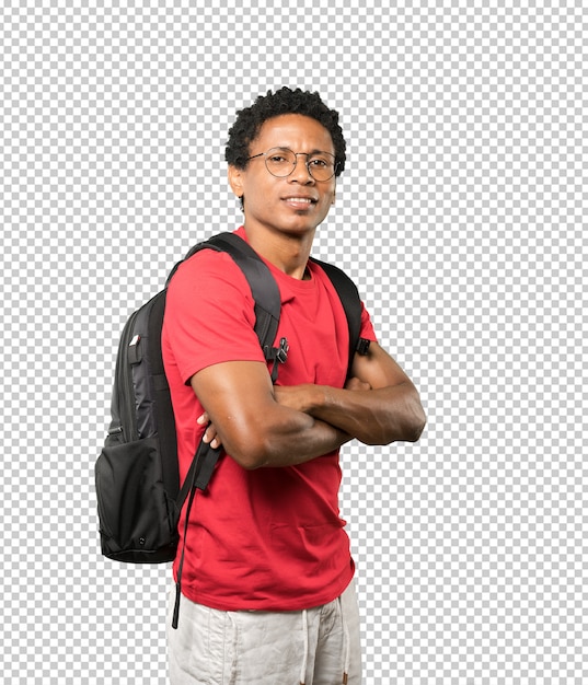 PSD satisfied young man with crossed arms gesture