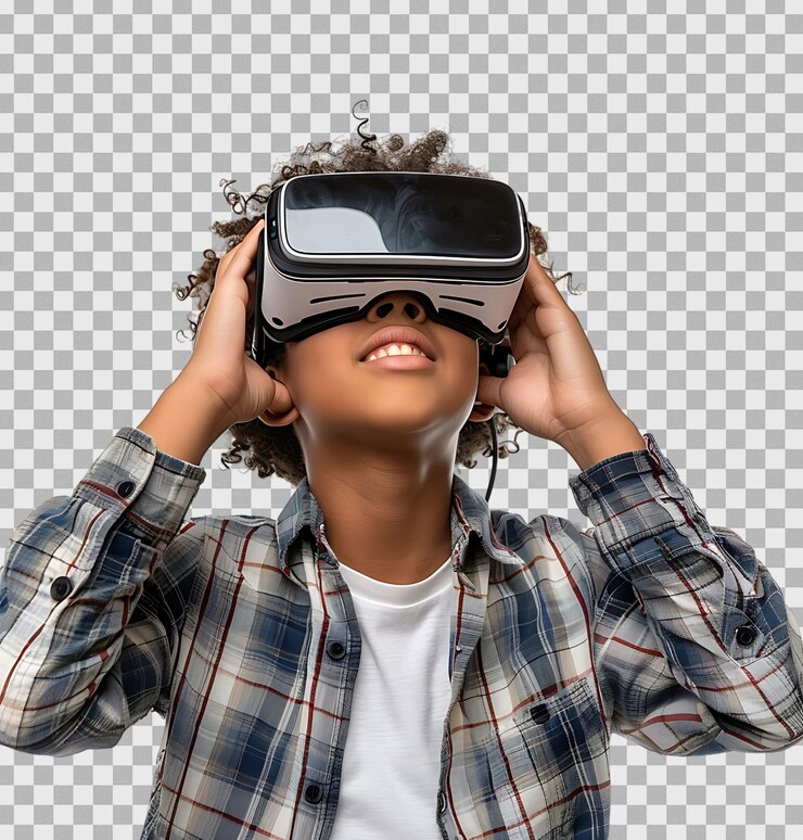 Satisfied young student exploring vr headset on isolated transparent background