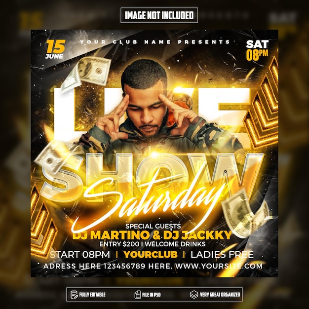 Saturday live show social media post template flyer and banner PSD