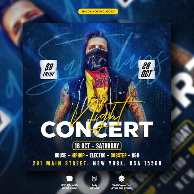 PSD saturday night concert flyer and social media banner template