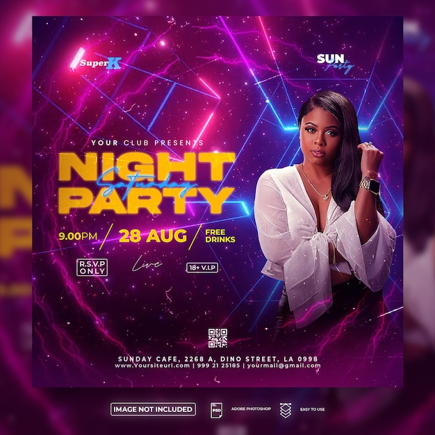 Saturday night party or night club party event flyer or social media post template