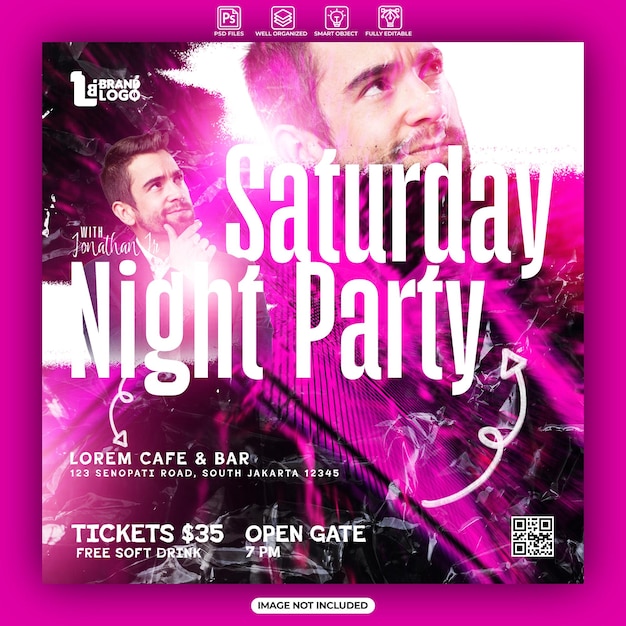 Saturday night party poster with shades of purple color