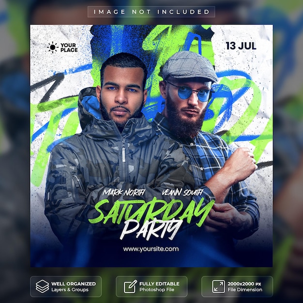 PSD saturday party flyer post sui social media e modello di banner web