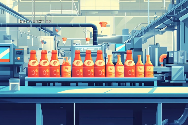 PSD sauce bottles on conveyor belt in a food processing plant