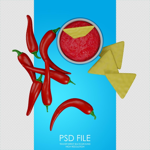 PSD icona di salsa icona di nachos vista dall'alto salsa di peperoncino piccante cibo messicano cibo latinoamericano fast food icona del design della pagina di destinazione rendering 3d illustrazione