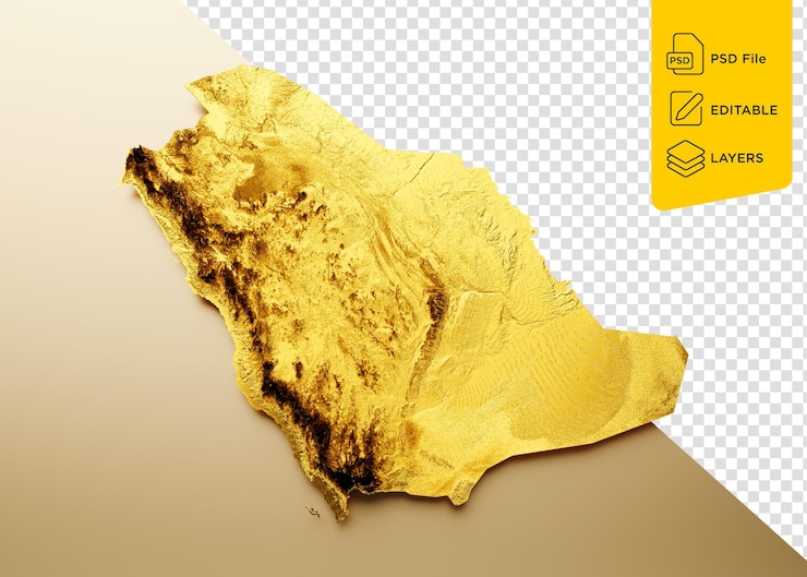 PSD 沙特阿拉伯地图 金色金属颜色 高度地图在色背景 3d插图