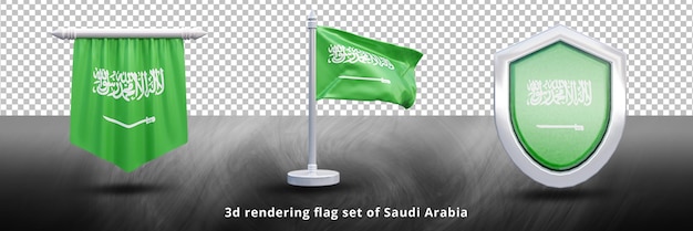 PSD la bandiera nazionale dell'arabia saudita ha impostato l'illustrazione o l'icona 3d realistica della bandiera del paese sventolante dell'arabia saudita