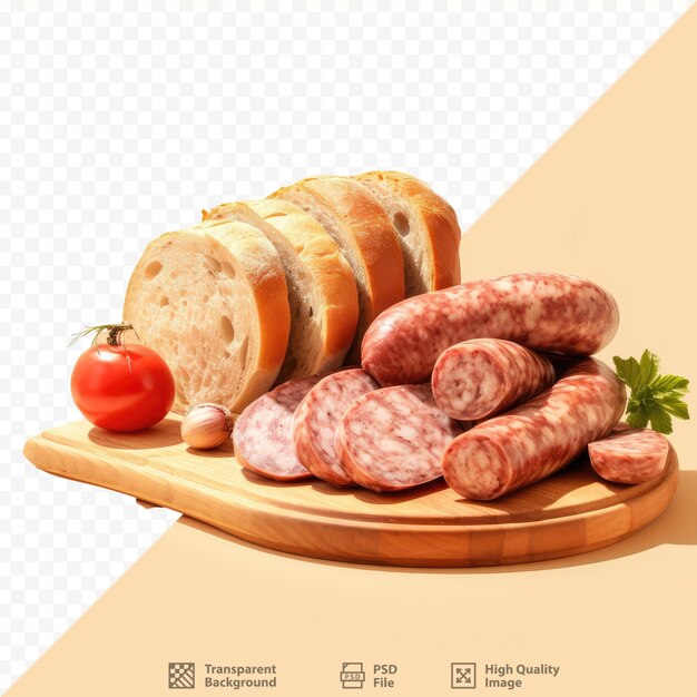 PSD sausage and bread on a wooden table