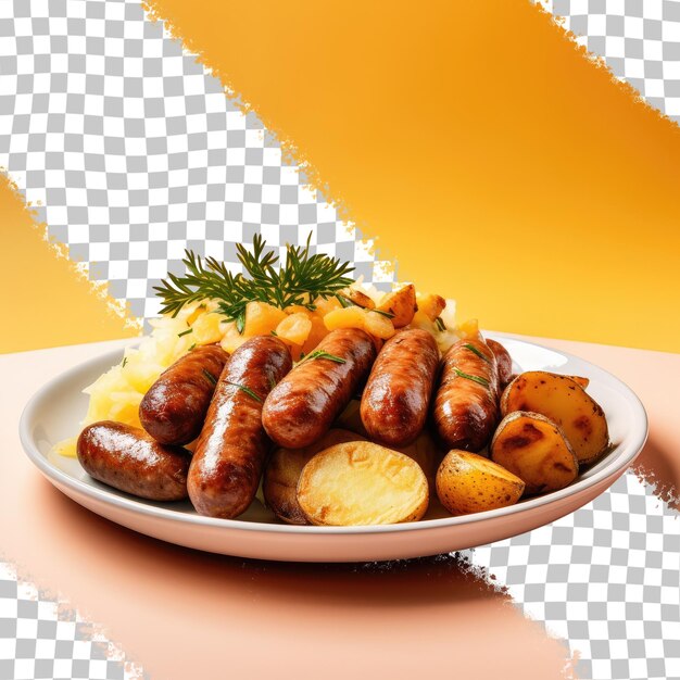 Sausage and potato dish in focus alone