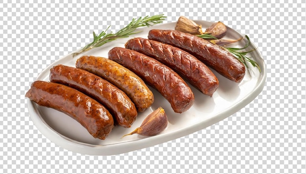 PSD sausages with spices and herbs isolated on transparent background top view