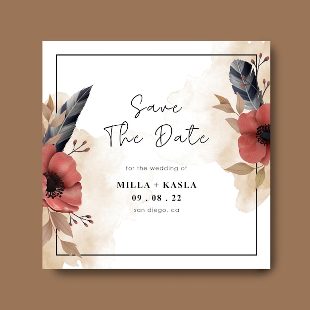 Save the date card template with watercolor floral frames